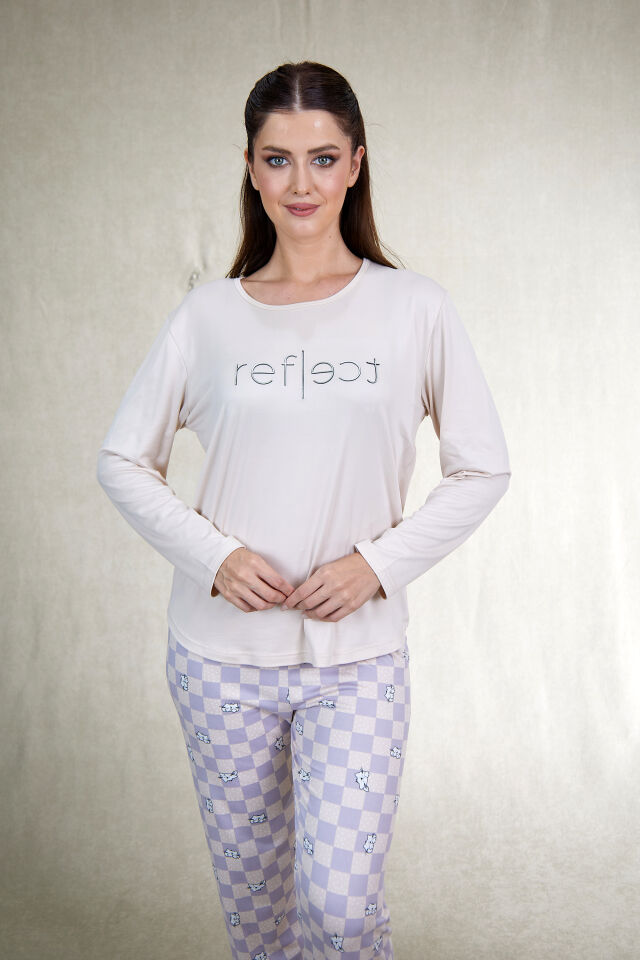 Estiva Kadın Kareli Alt Desenli Soft Uzun Kollu Pijama Takımı M - Bej