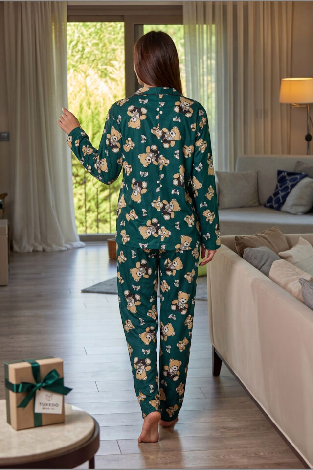 Estiva Kadın Ayıcık Desenli Önden Düğmeli Süet Pijama Takımı L - Yeşil