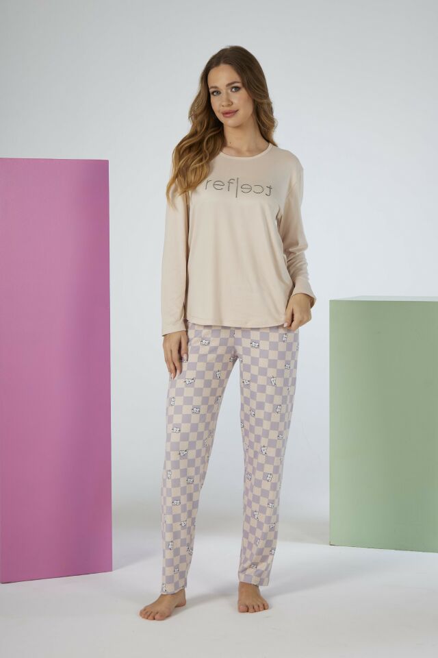 Estiva Kadın Kareli Alt Desenli Soft Uzun Kollu Pijama Takımı L - Bej