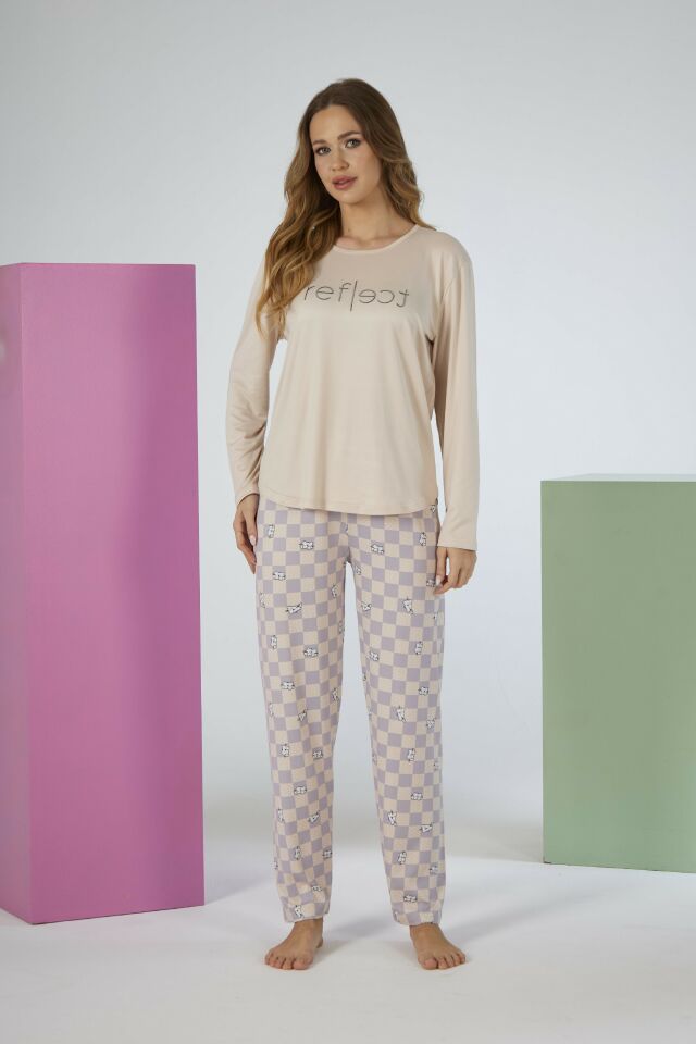 Estiva Kadın Kareli Alt Desenli Soft Uzun Kollu Pijama Takımı L - Bej