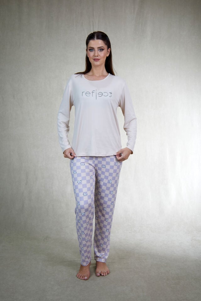 Estiva Kadın Kareli Alt Desenli Soft Uzun Kollu Pijama Takımı L - Bej
