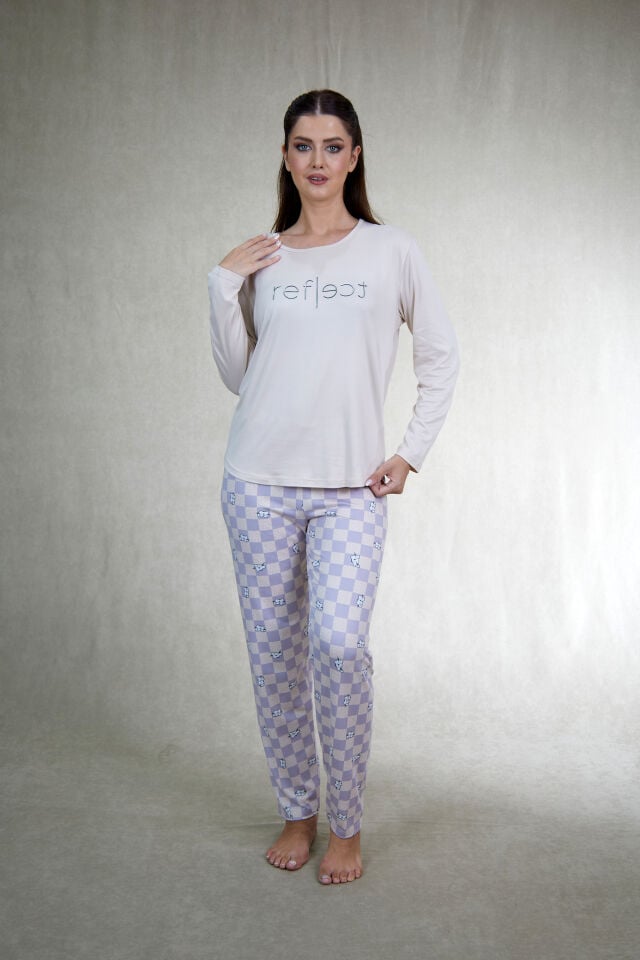Estiva Kadın Kareli Alt Desenli Soft Uzun Kollu Pijama Takımı L - Bej