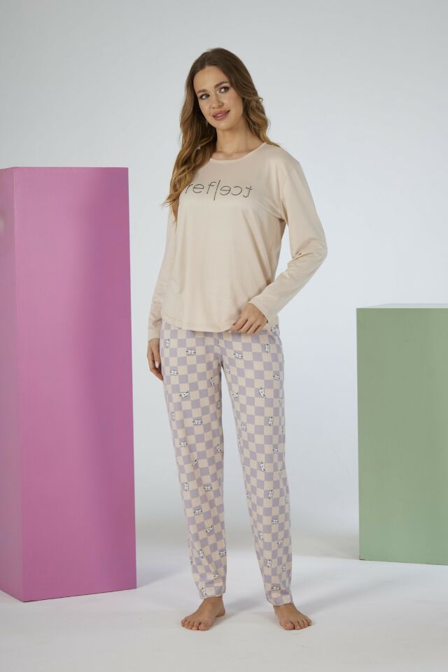 Estiva Kadın Kareli Alt Desenli Soft Uzun Kollu Pijama Takımı L - Bej