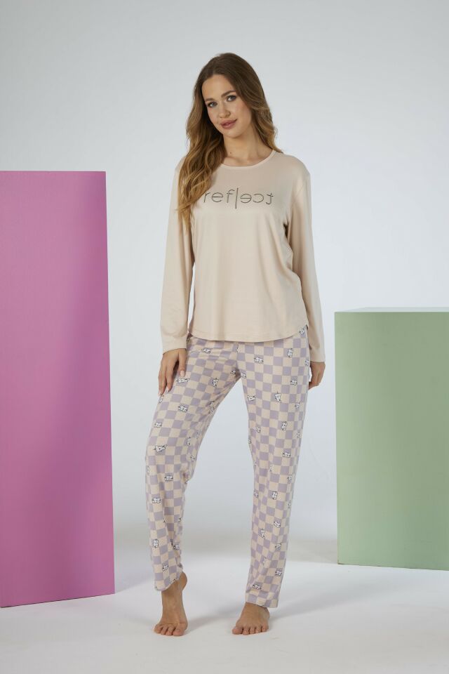 Estiva Kadın Kareli Alt Desenli Soft Uzun Kollu Pijama Takımı L - Bej