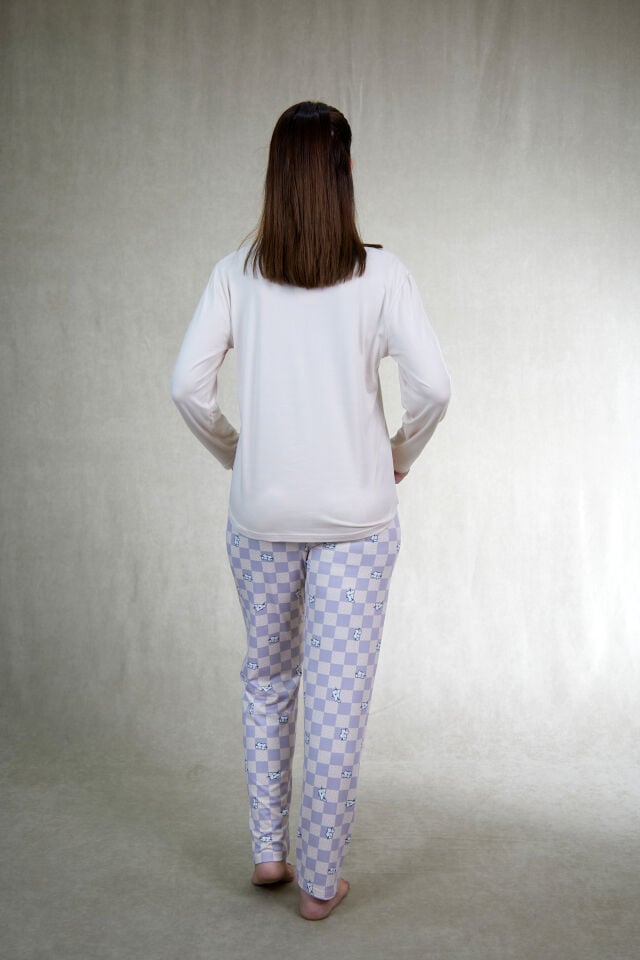 Estiva Kadın Kareli Alt Desenli Soft Uzun Kollu Pijama Takımı L - Bej