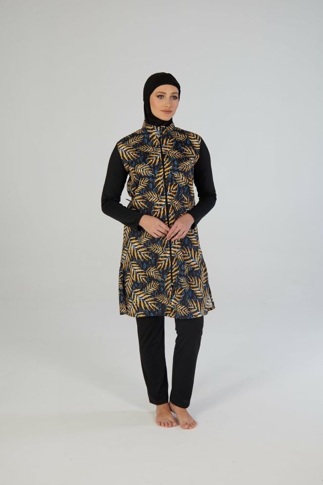 Estiva Kadın Tam Kapalı Fermuarlı Yaprak Desenli Tesettür Mayo Siyah