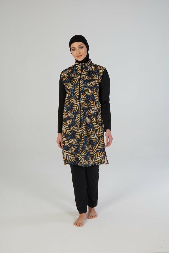 Estiva Kadın Tam Kapalı Fermuarlı Yaprak Desenli Tesettür Mayo Siyah