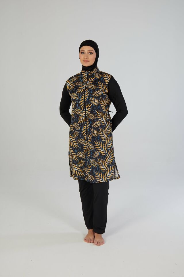 Estiva Kadın Tam Kapalı Fermuarlı Yaprak Desenli Tesettür Mayo Siyah