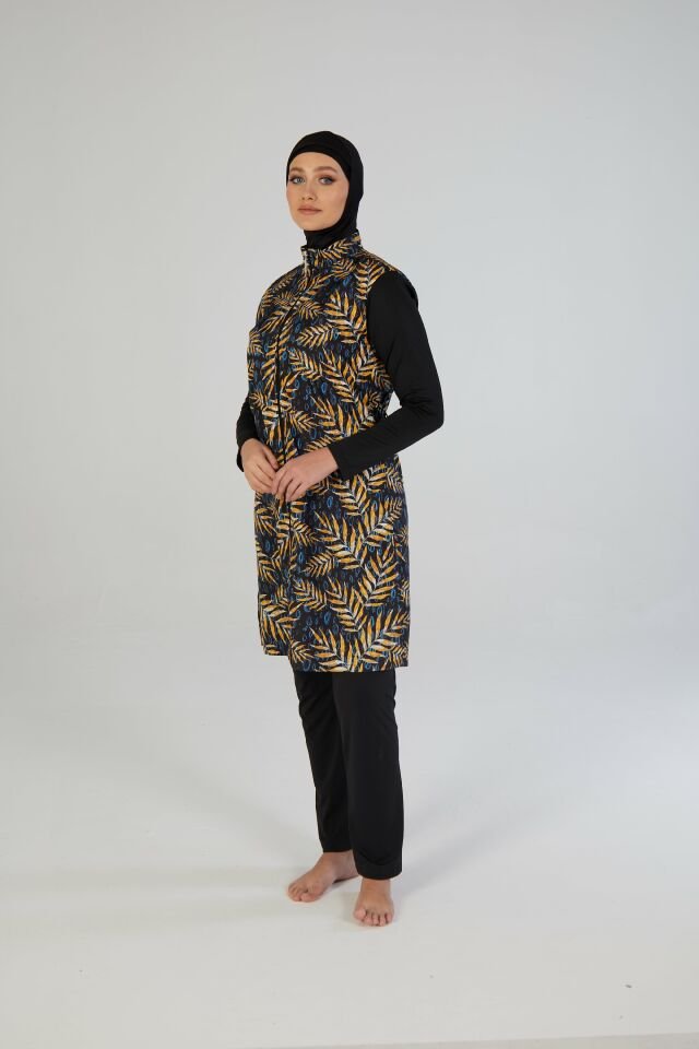 Estiva Kadın Tam Kapalı Fermuarlı Yaprak Desenli Tesettür Mayo Siyah