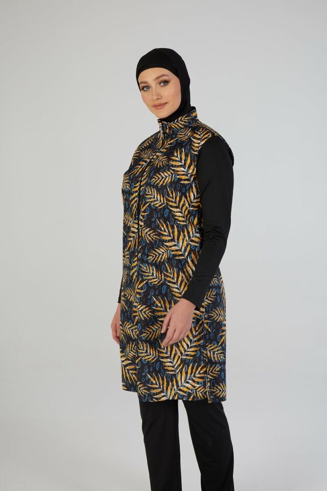 Estiva Kadın Tam Kapalı Fermuarlı Yaprak Desenli Tesettür Mayo Siyah