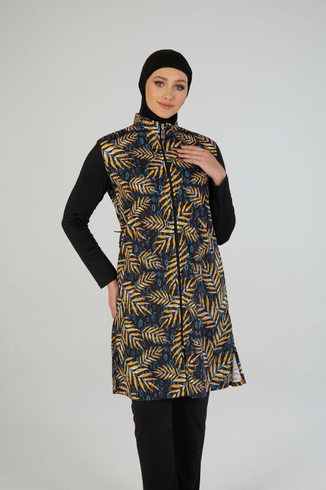 Estiva Kadın Tam Kapalı Fermuarlı Yaprak Desenli Tesettür Mayo Siyah