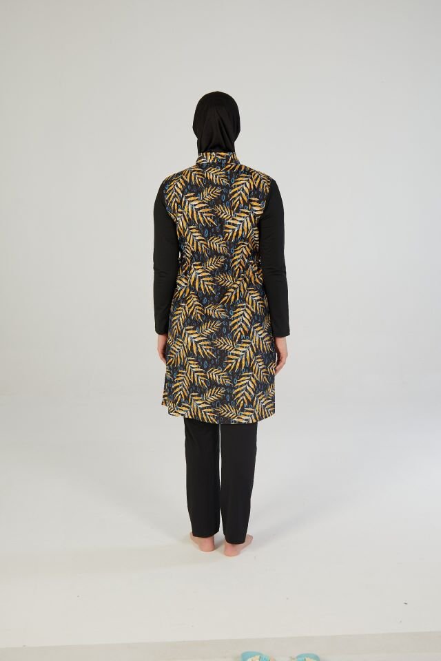 Estiva Kadın Tam Kapalı Fermuarlı Yaprak Desenli Tesettür Mayo Siyah