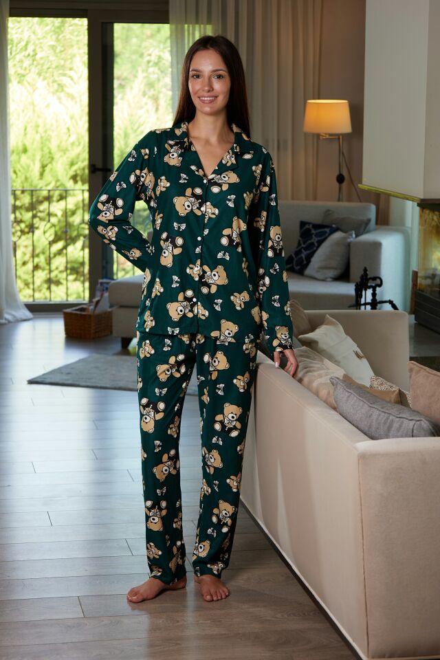 Estiva Kadın Ayıcık Desenli Önden Düğmeli Süet Pijama Takımı XL - Yeşil