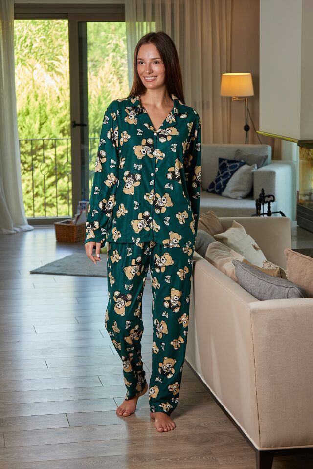 Estiva Kadın Ayıcık Desenli Önden Düğmeli Süet Pijama Takımı XL - Yeşil
