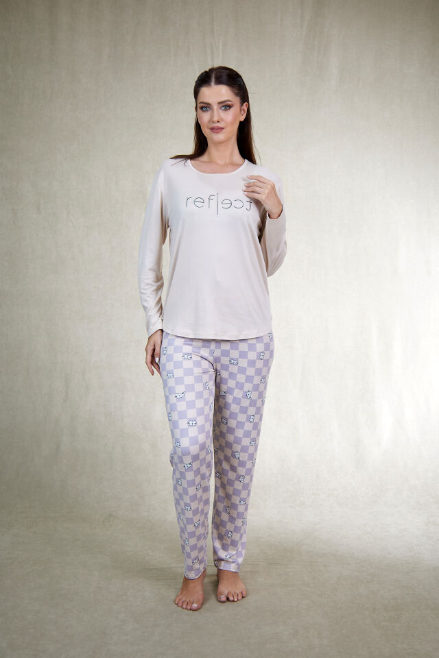 Estiva Kadın Kareli Alt Desenli Soft Uzun Kollu Pijama Takımı 2XL - Bej