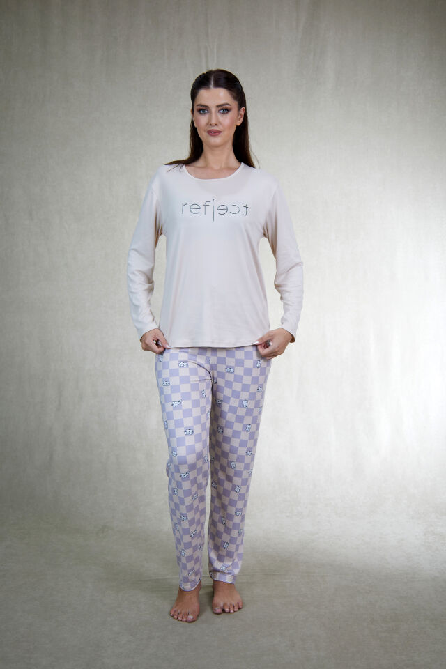 Estiva Kadın Kareli Alt Desenli Soft Uzun Kollu Pijama Takımı 2XL - Bej
