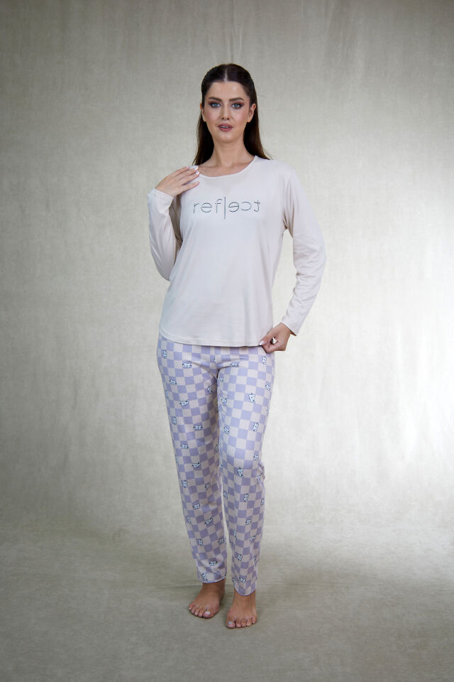 Estiva Kadın Kareli Alt Desenli Soft Uzun Kollu Pijama Takımı 2XL - Bej