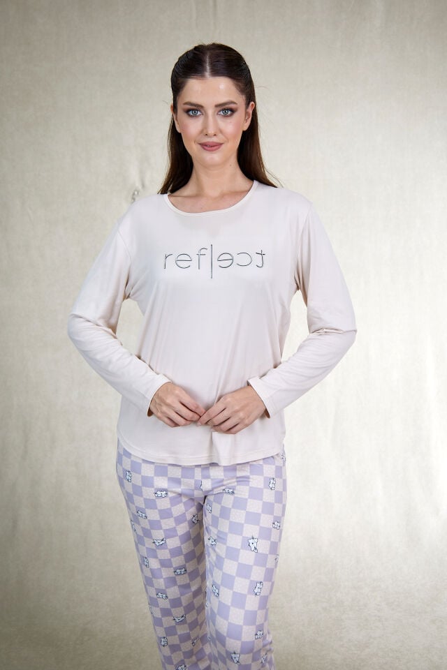 Estiva Kadın Kareli Alt Desenli Soft Uzun Kollu Pijama Takımı 2XL - Bej