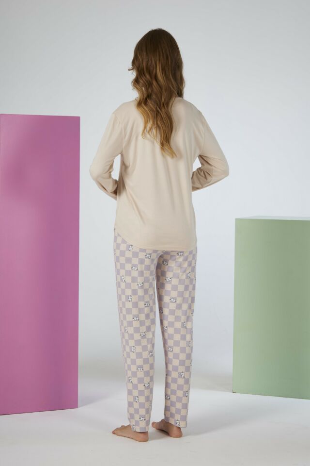 Estiva Kadın Kareli Alt Desenli Soft Uzun Kollu Pijama Takımı 2XL - Bej