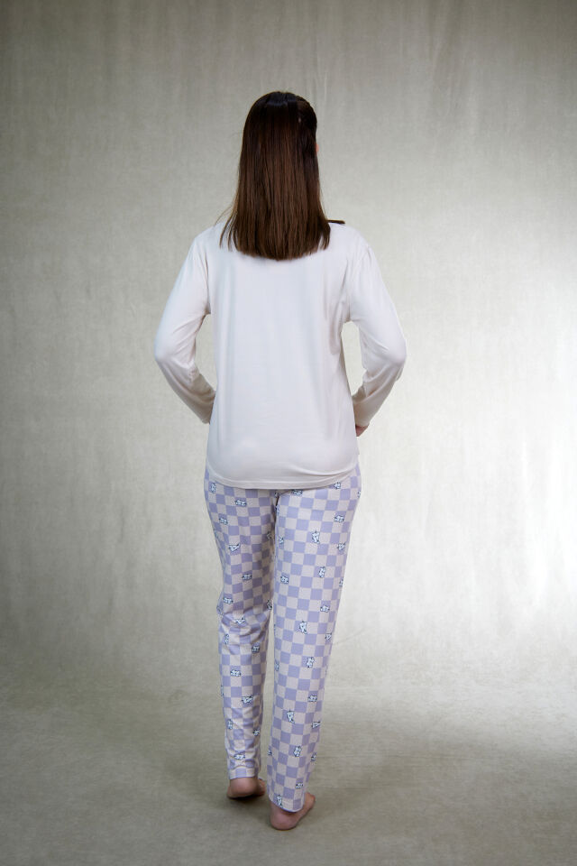 Estiva Kadın Kareli Alt Desenli Soft Uzun Kollu Pijama Takımı 2XL - Bej