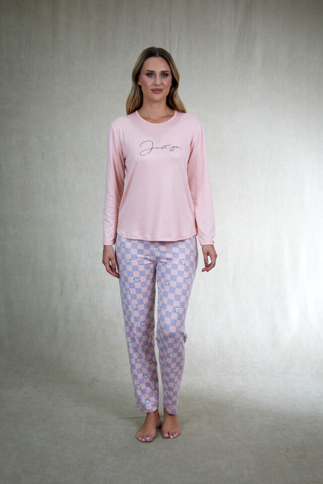 Estiva Kadın Kareli Alt Desenli Soft Uzun Kollu Pijama Takımı M - SOMON
