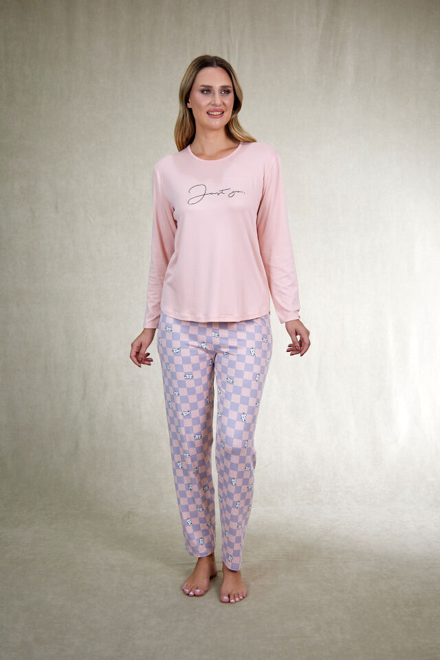 Estiva Kadın Kareli Alt Desenli Soft Uzun Kollu Pijama Takımı M - SOMON