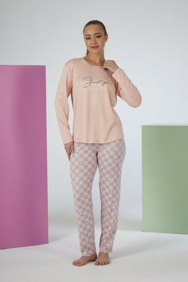 Estiva Kadın Kareli Alt Desenli Soft Uzun Kollu Pijama Takımı M - SOMON