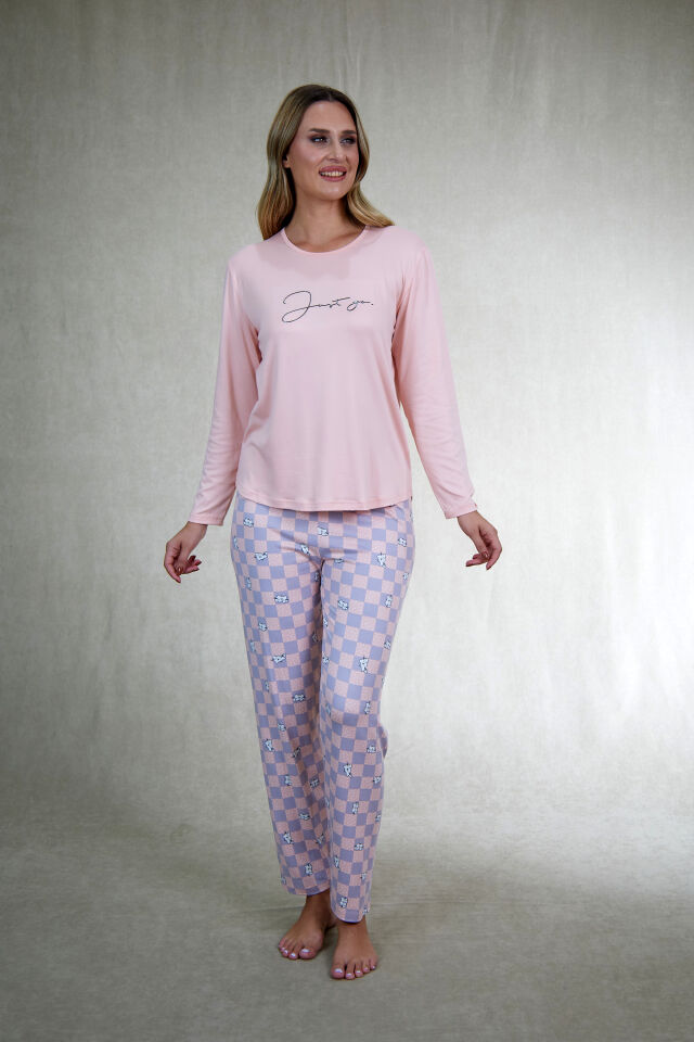 Estiva Kadın Kareli Alt Desenli Soft Uzun Kollu Pijama Takımı M - SOMON