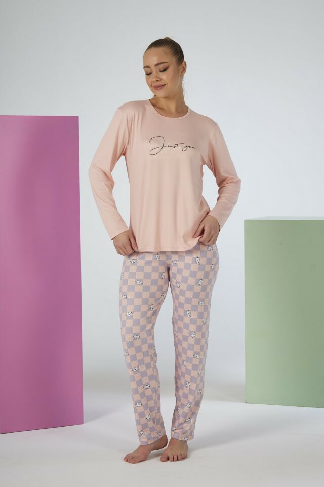 Estiva Kadın Kareli Alt Desenli Soft Uzun Kollu Pijama Takımı L - SOMON