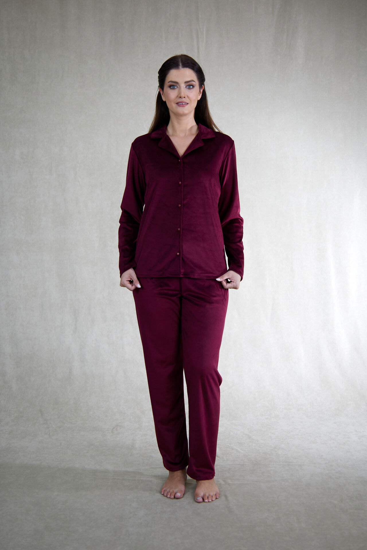 Estiva Kadın Önden Düğmeli Kadife Pijama Takımı M - Bordo