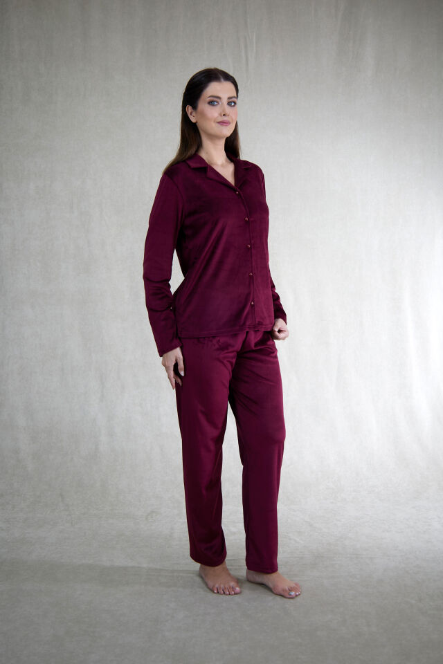 Estiva Kadın Önden Düğmeli Kadife Pijama Takımı M - Bordo