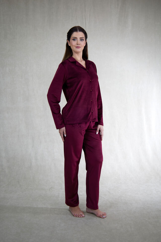 Estiva Kadın Önden Düğmeli Kadife Pijama Takımı M - Bordo