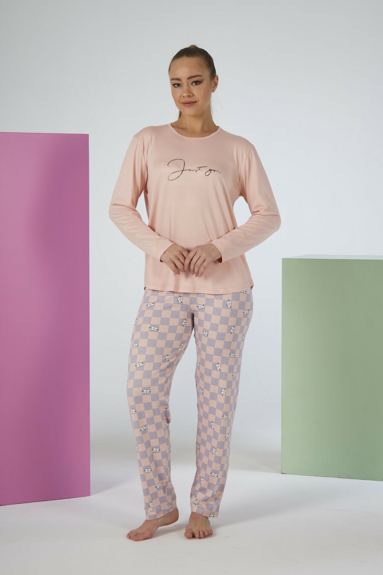 Estiva Kadın Kareli Alt Desenli Soft Uzun Kollu Pijama Takımı XL - SOMON
