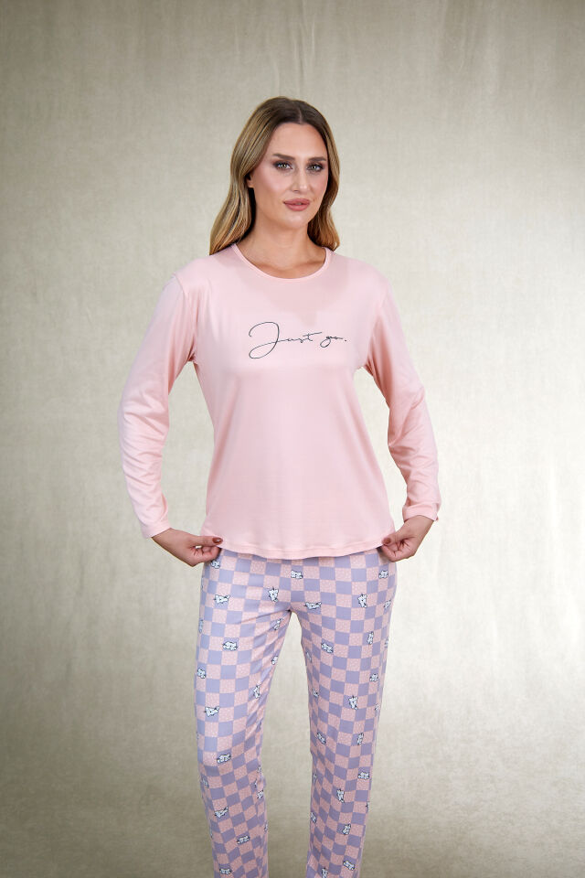 Estiva Kadın Kareli Alt Desenli Soft Uzun Kollu Pijama Takımı XL - SOMON