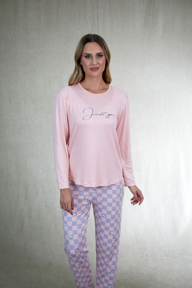 Estiva Kadın Kareli Alt Desenli Soft Uzun Kollu Pijama Takımı XL - SOMON