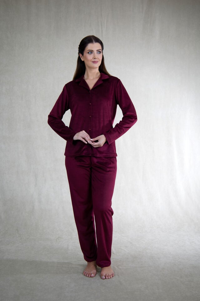 Estiva Kadın Önden Düğmeli Kadife Pijama Takımı L - Bordo