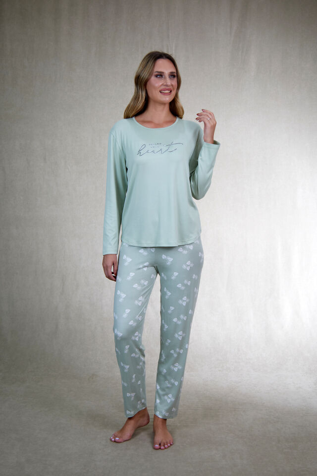 Estiva Kadın Yaprak Alt Desenli Soft Uzun Kollu Pijama Takımı