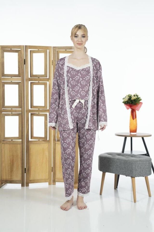 Estiva Kadın 3 Parça Sabahlıklı Desenli Likra Viskon Pijama Takımı - Mor