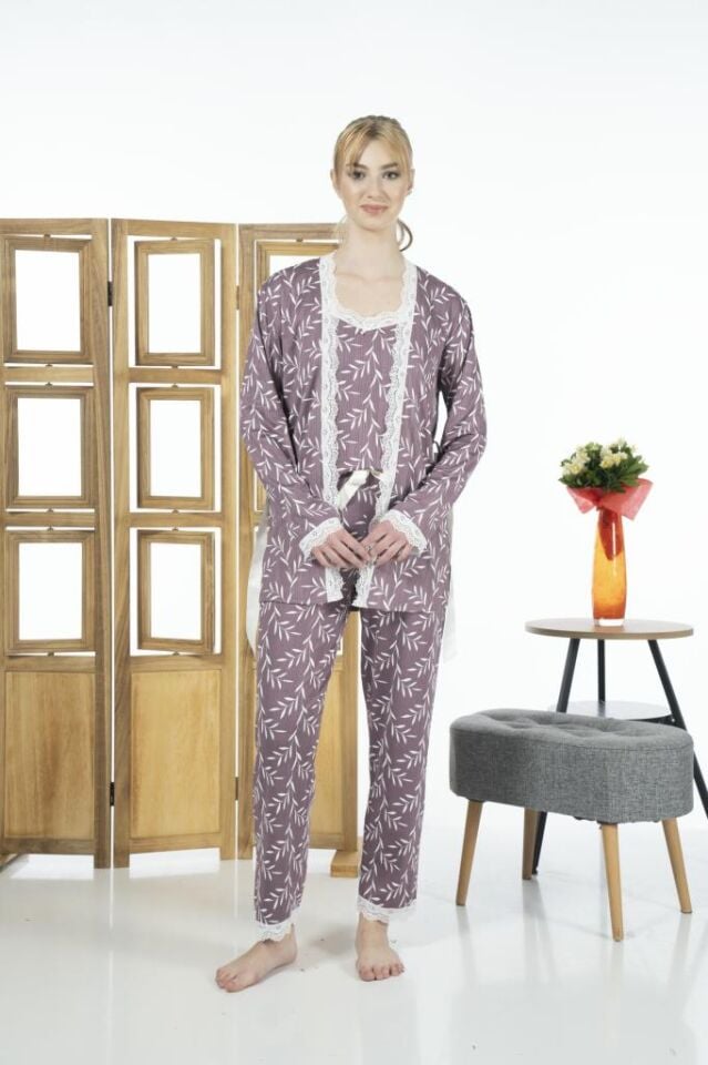 Estiva Kadın 3 Parça Sabahlıklı Desenli Likra Viskon Pijama Takımı - Mor
