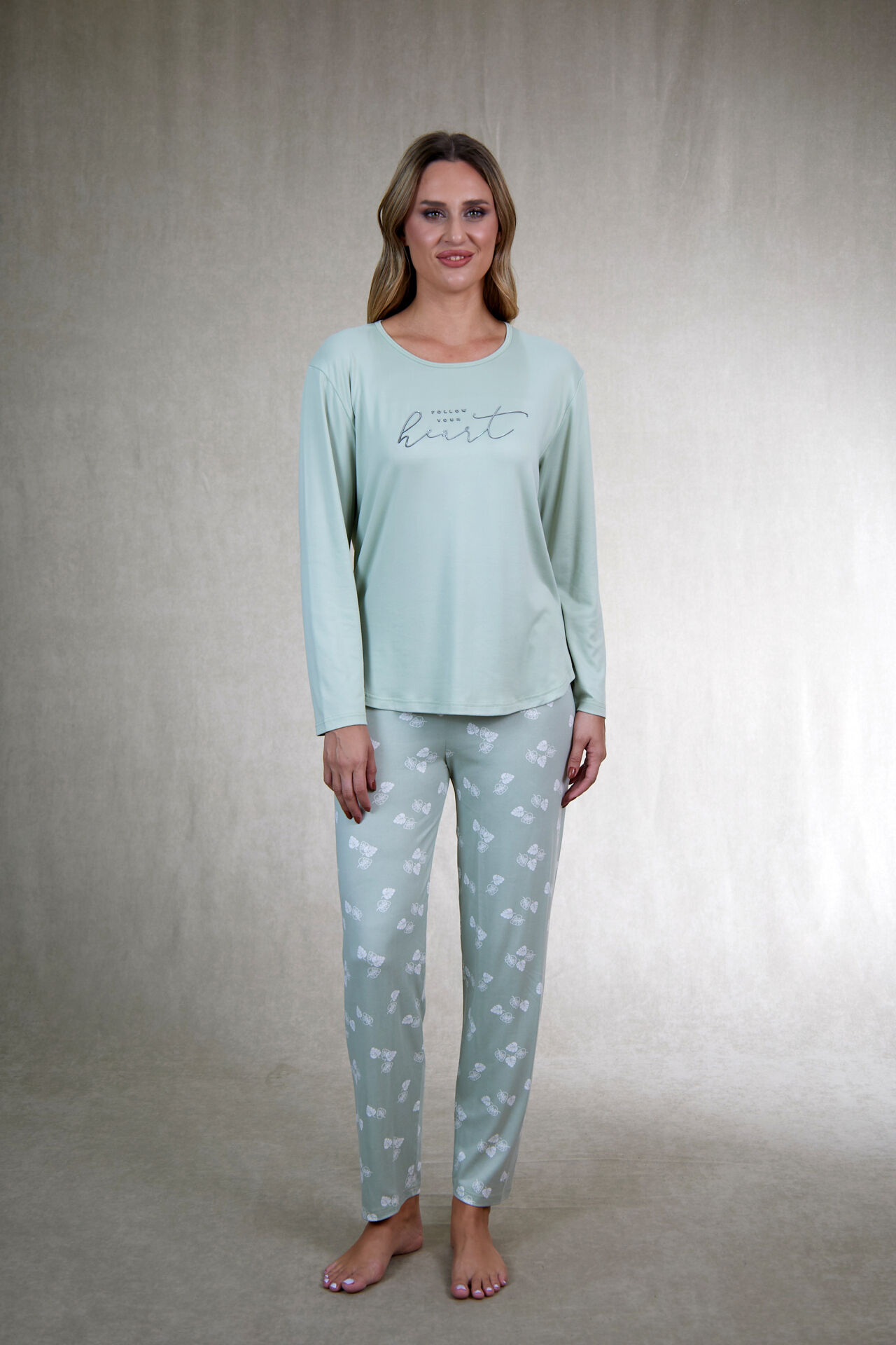 Estiva Kadın Yaprak Alt Desenli Soft Uzun Kollu Pijama Takımı M - Yeşil