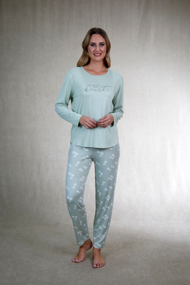 Estiva Kadın Yaprak Alt Desenli Soft Uzun Kollu Pijama Takımı M - Yeşil
