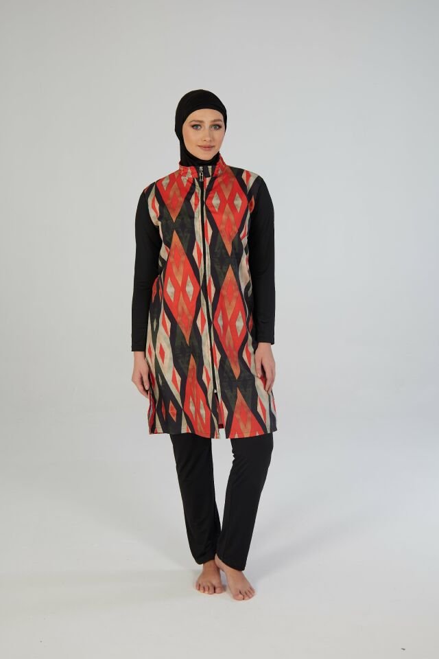 Estiva Kadın Tam Kapalı Fermuarlı Geometrik Desenli Tesettür Mayo Siyah
