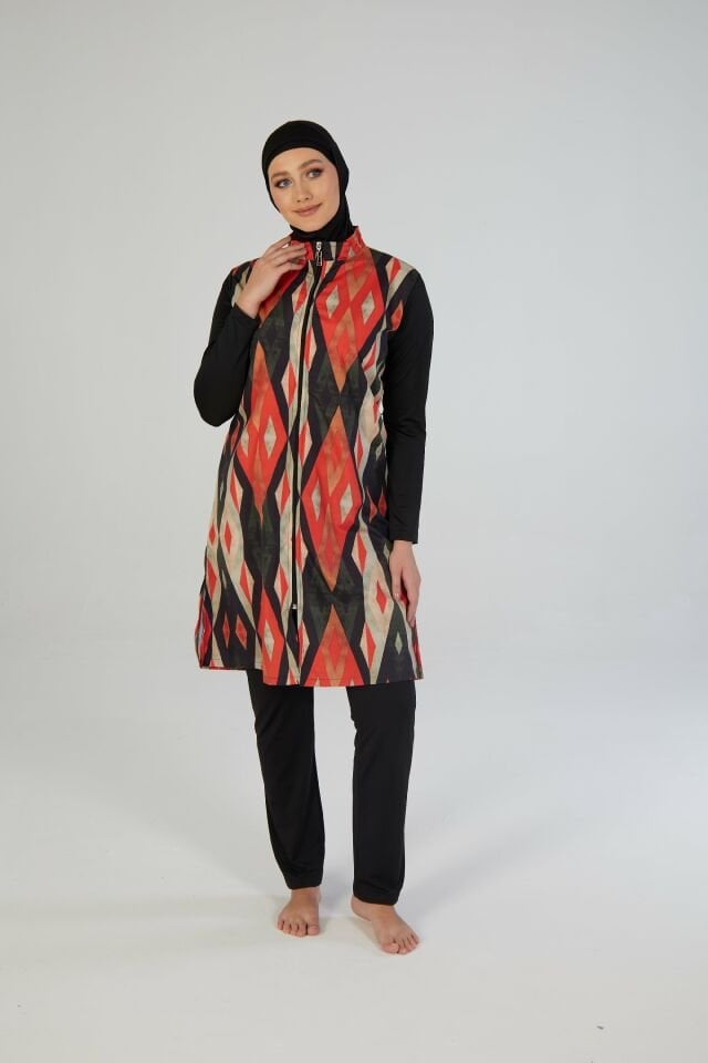 Estiva Kadın Tam Kapalı Fermuarlı Geometrik Desenli Tesettür Mayo Siyah