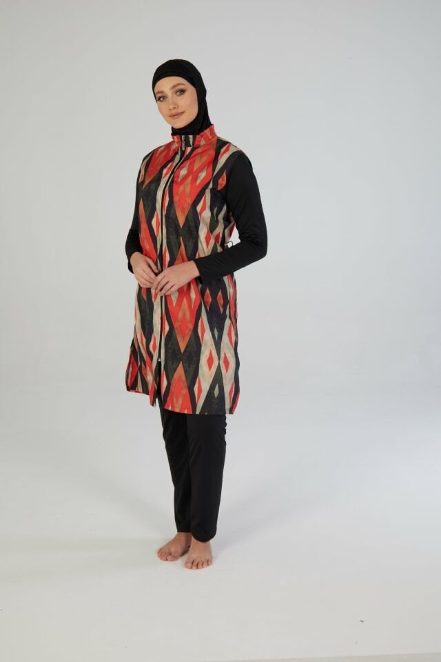 Estiva Kadın Tam Kapalı Fermuarlı Geometrik Desenli Tesettür Mayo Siyah