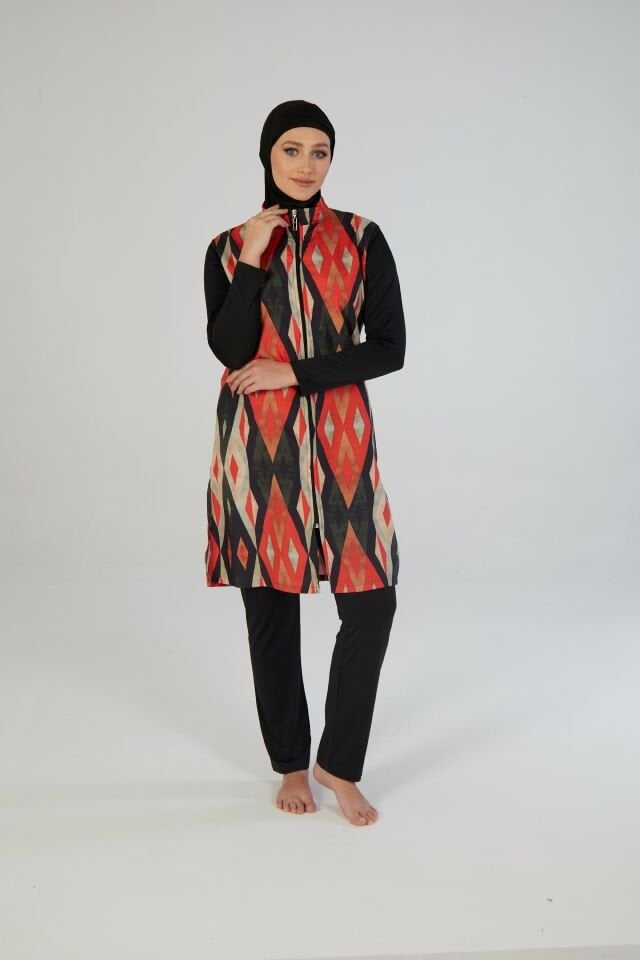 Estiva Kadın Tam Kapalı Fermuarlı Geometrik Desenli Tesettür Mayo Siyah