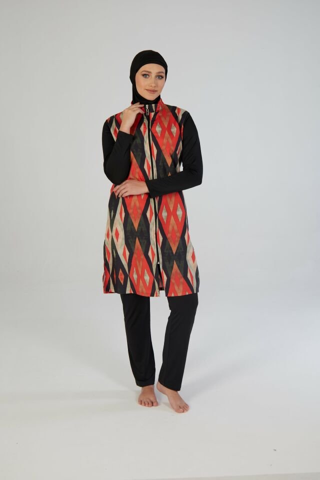 Estiva Kadın Tam Kapalı Fermuarlı Geometrik Desenli Tesettür Mayo Siyah