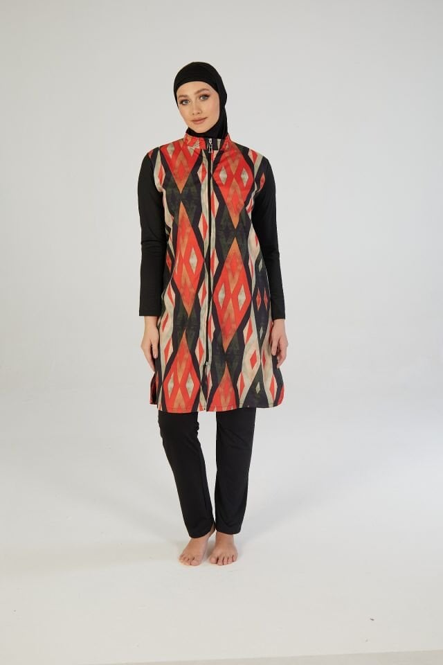 Estiva Kadın Tam Kapalı Fermuarlı Geometrik Desenli Tesettür Mayo Siyah