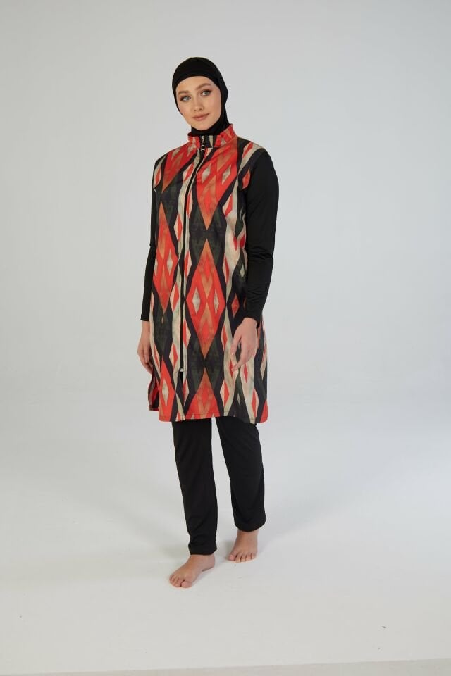 Estiva Kadın Tam Kapalı Fermuarlı Geometrik Desenli Tesettür Mayo Siyah