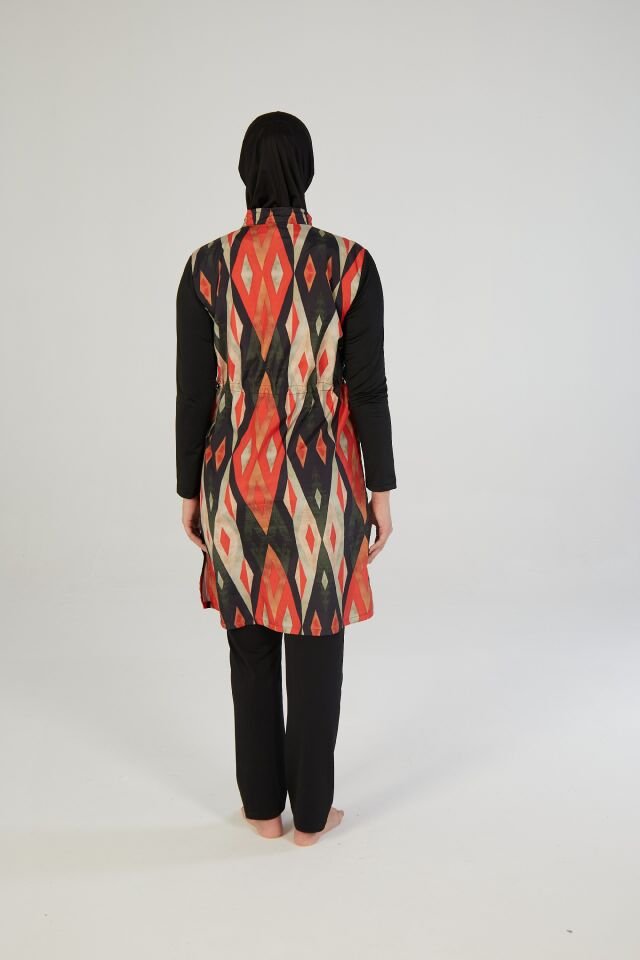 Estiva Kadın Tam Kapalı Fermuarlı Geometrik Desenli Tesettür Mayo Siyah