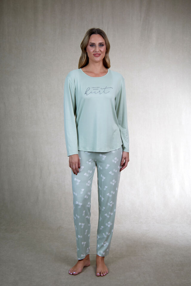 Estiva Kadın Yaprak Alt Desenli Soft Uzun Kollu Pijama Takımı L - Yeşil